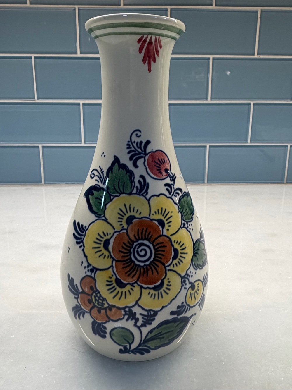 Vintage BOLS Delft Polychroom Holland Ceramic Vase Bottle Floral 8” Handwerk